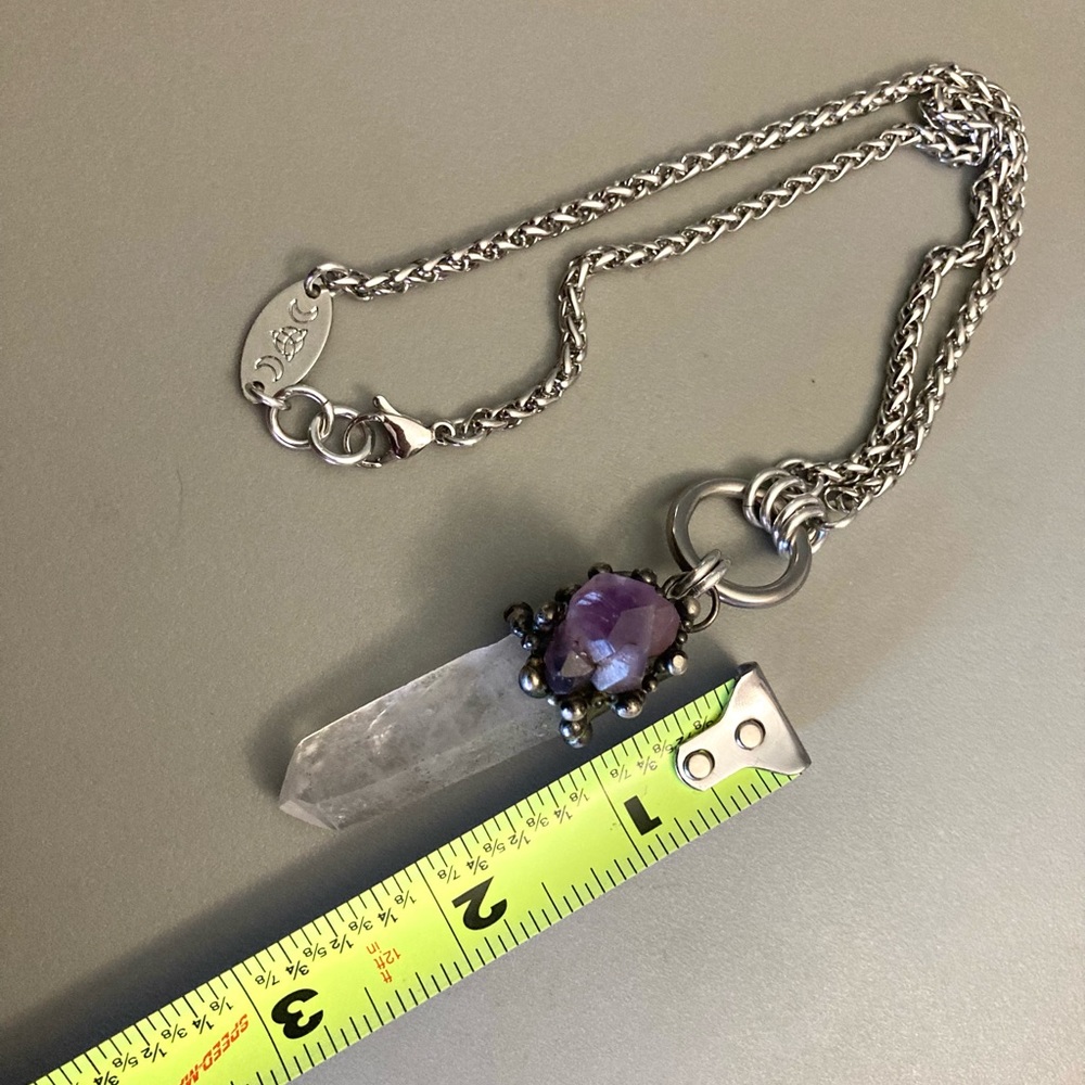 Natural raw purple amethyst &  crystal quartz gemstone boho charm necklace - Picture 16 of 16